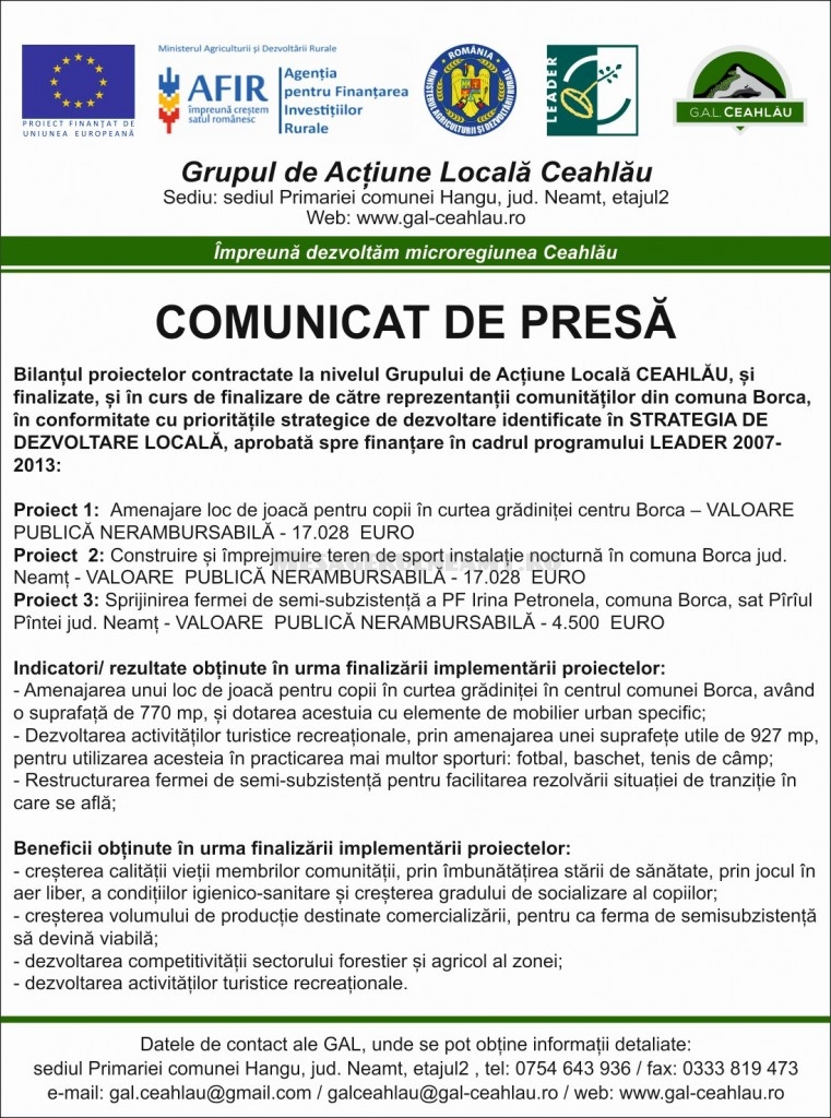 Comunicat de presă GAL Ceahlău – Borca