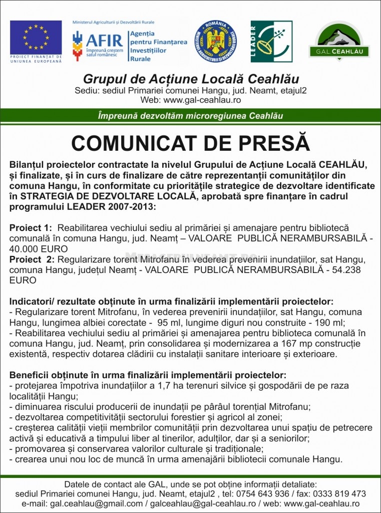 Comunicat de presă GAL Ceahlău – Hangu
