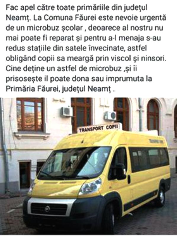 Apel pe Facebook pentru un microbuz școlar la Făurei