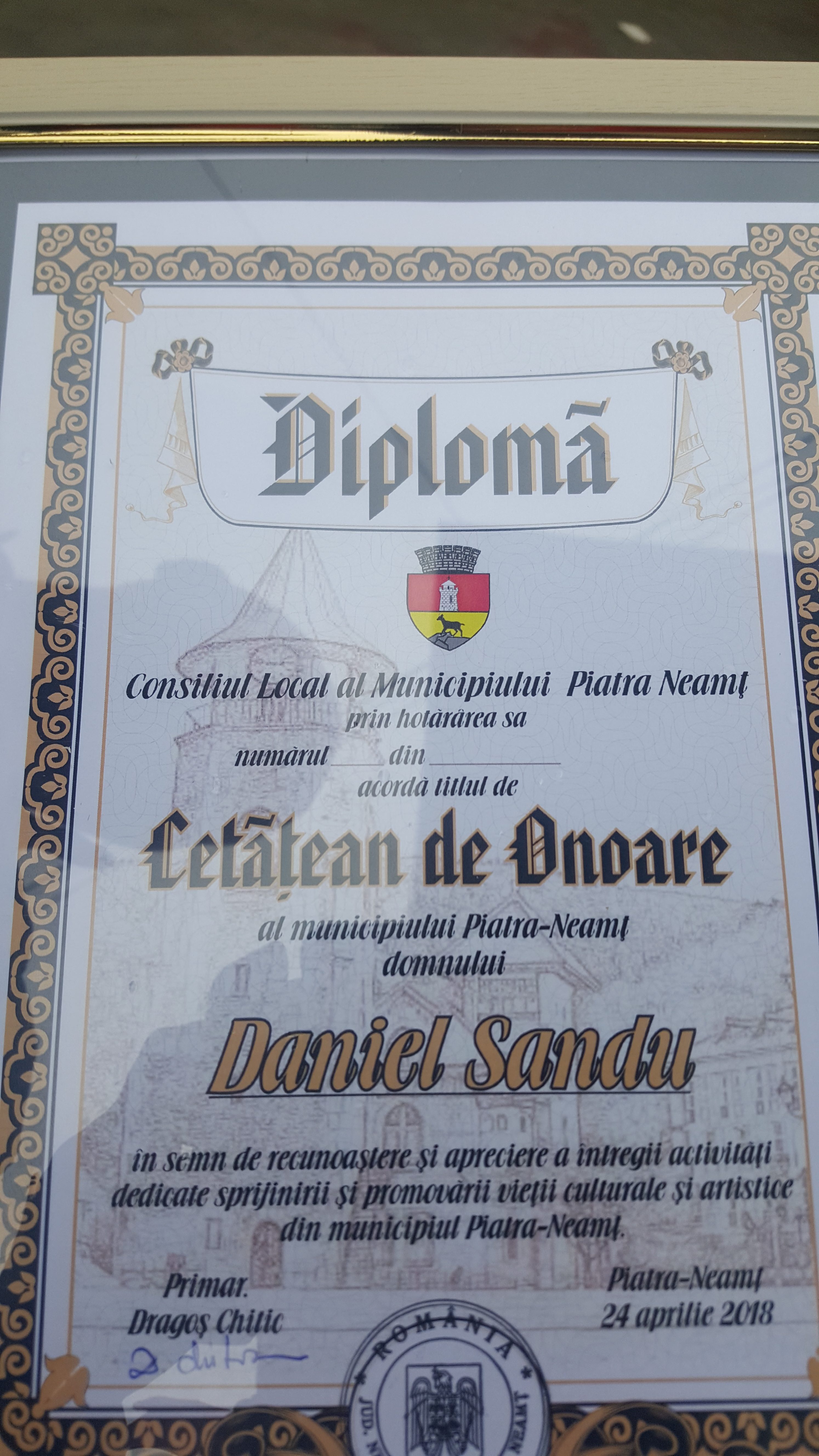 Daniel Sandu, cetățean de onoare al municipiului Piatra Neamț