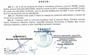 Ordin de prefect: încetează mandatul de primar al comunei Făurei