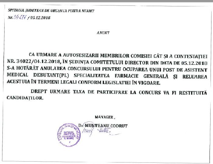Concursul cu scandal de la Spitalul Județean Neamț a fost anulat
