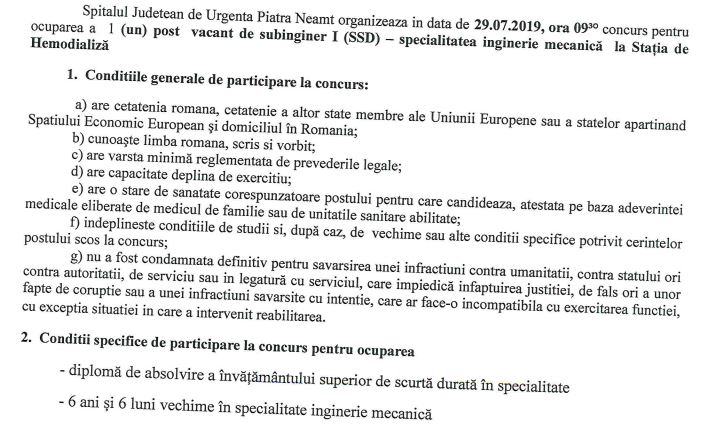 Concurs anulat la Spitalul de Urgență Neamț de un candidat  