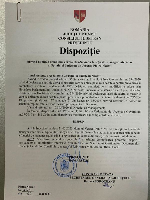 Ordinul de numire al dr. Silviu Verzea la Spitalul din Piatra Neamț și declarația lui Ionel Arsene