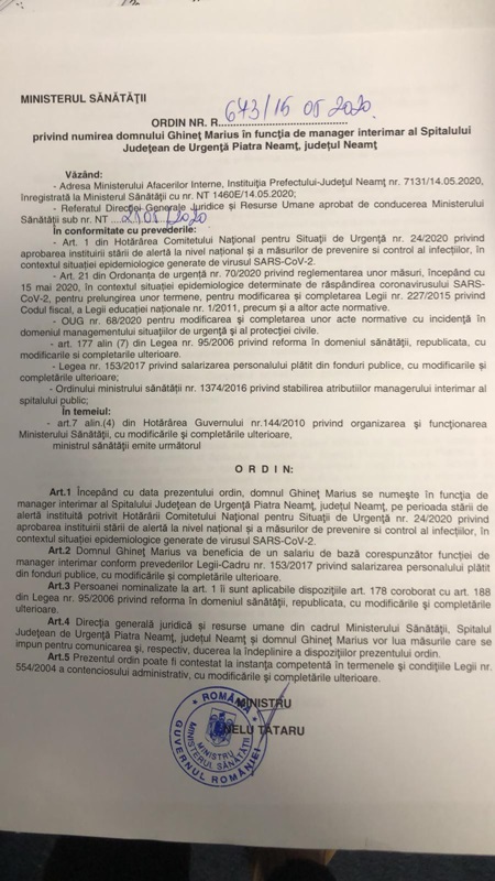 Știre actualizată: A fost semnat ordinul de numire a noii conduceri a Spitalului de Urgență Neamț!