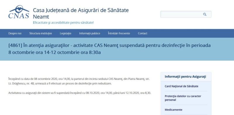 Covid-ul închide CAS Neamț până pe 12 octombrie