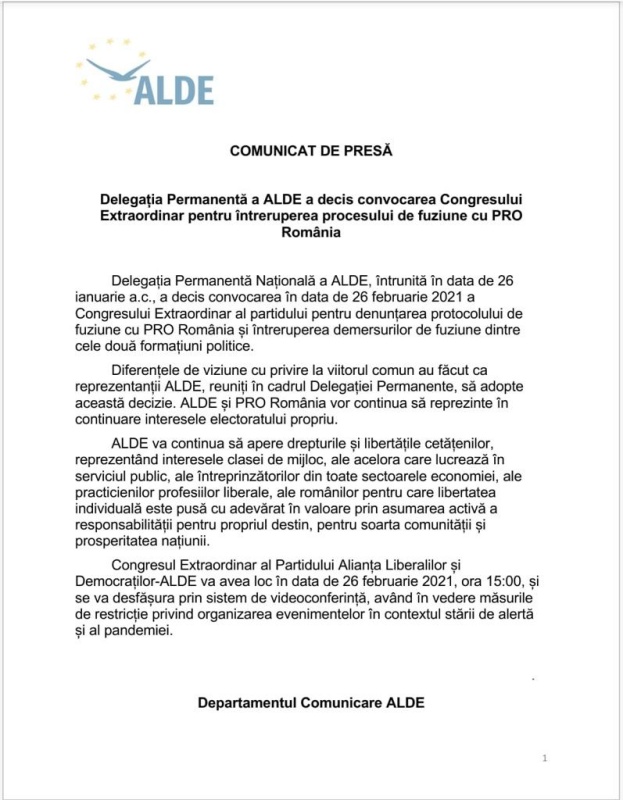 ALDE anunță că nu mai fuzionează cu Pro România