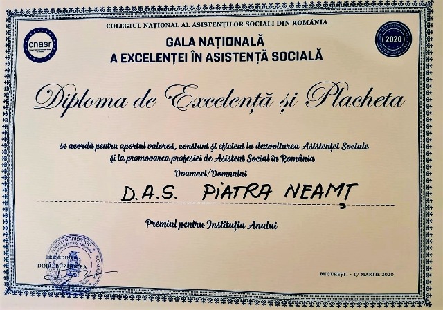 DAS Piatra Neamţ – Instituţia anului la Gala Națională a Excelenței în Asistență Socială