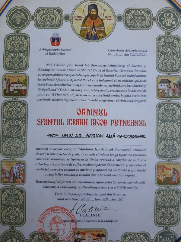 Adrian Alui Gheorghe a primit distincția „Ordinul Sfântul Ierarh Iacob Putneanul”