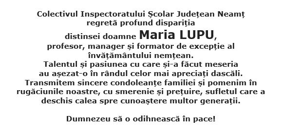 S-a stins din viață prof. Maria Lupu, fosta directoare a colegiului „Calistrat Hogaș”