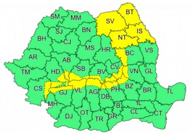 Cod galben de vânt în Neamț și alte trei județe din Moldova