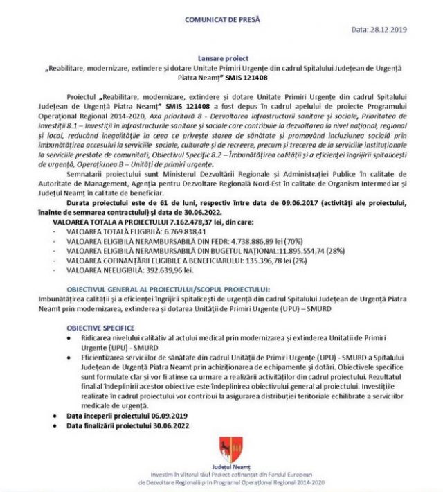 Proiectul privind reabilitarea UPU Piatra Neamț / Incompetență de 10.000.000 lei la Consiliul Județean