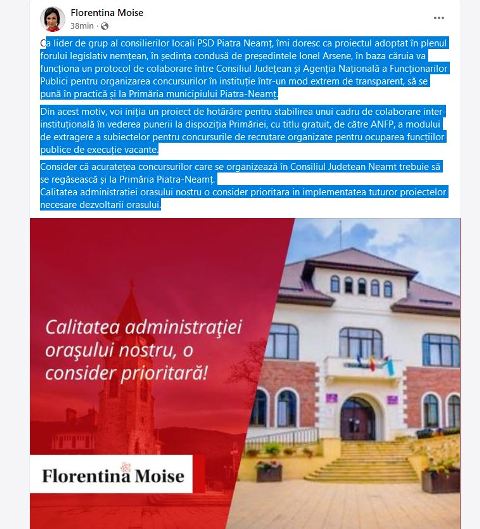 Florentina Moise (PSD) se inspiră de la  Laurențiu Crețu (USR) în privința transparenței concursurilor de angajare