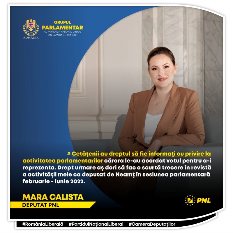 Mara Calista, deputat PNL – raport activitate februarie-iulie 2022