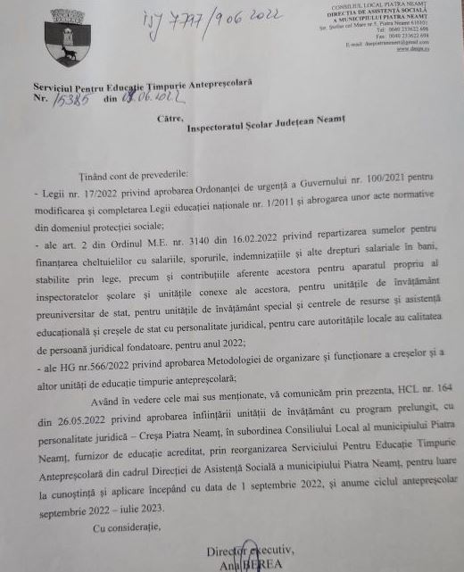 Corespondența spre Inspectoratul Școlar în privința Creșei Piatra Neamț- toate problemele au fost semnalate și s-a cerut îndrumare