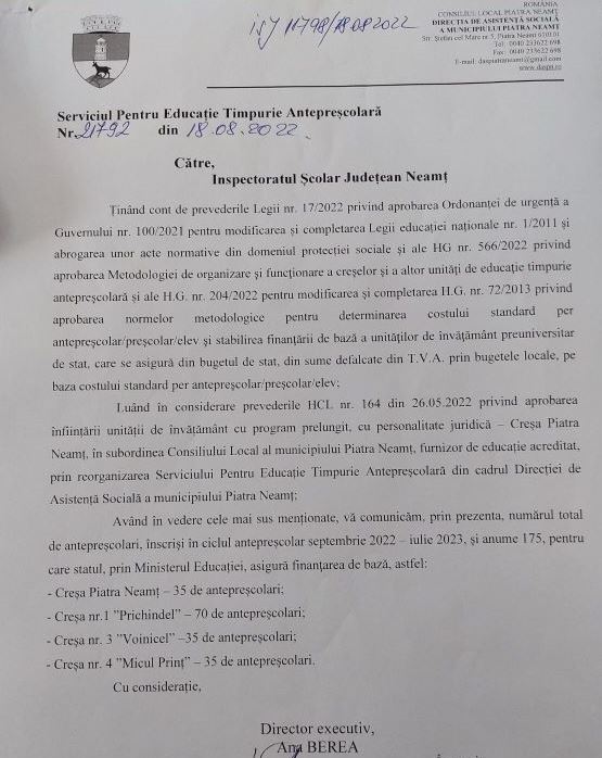 Corespondența spre Inspectoratul Școlar în privința Creșei Piatra Neamț- toate problemele au fost semnalate și s-a cerut îndrumare