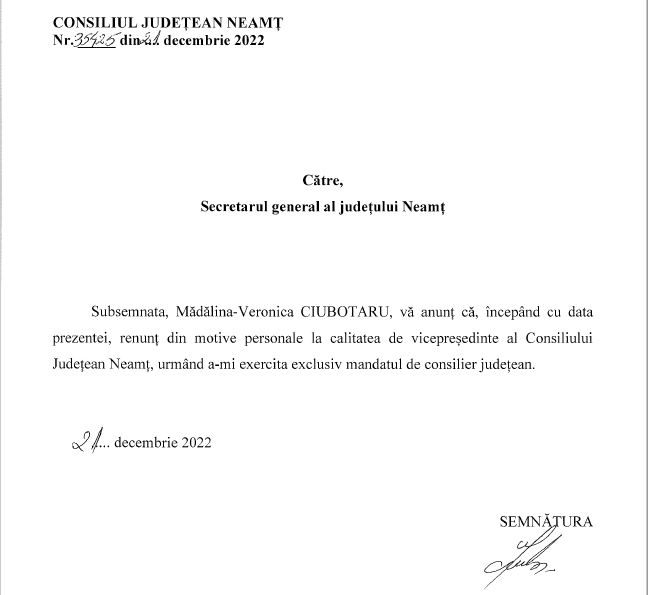 Știre actualizată. Pălitură de osândă la Consiliul Județean Neamț: Asaftei ia locul Mădălinei Ciubotaru