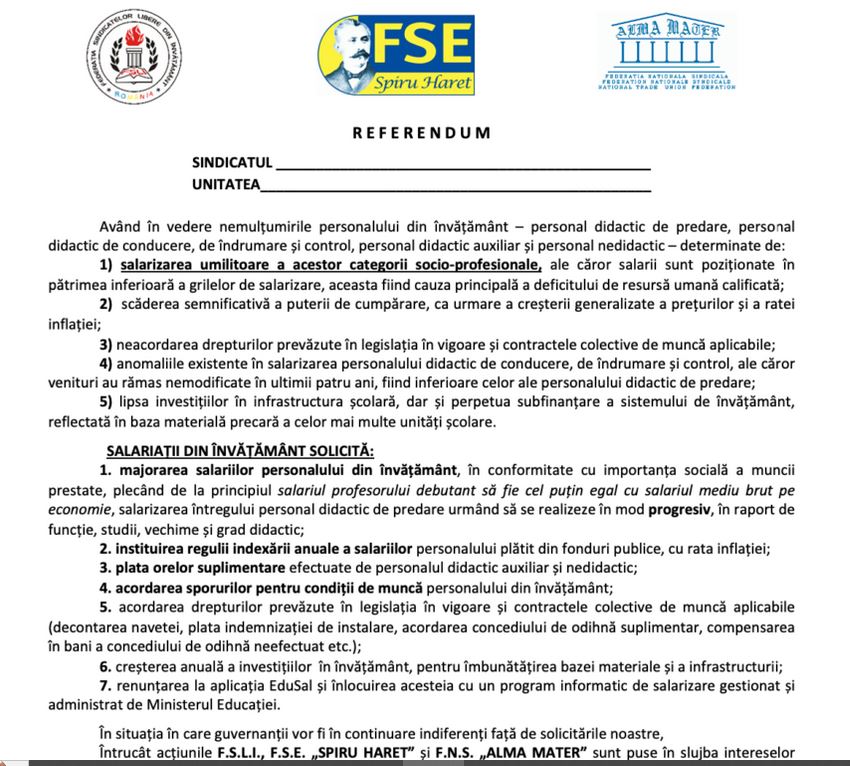 Referendum pentru greva Educației, până pe 8 mai în Neamț