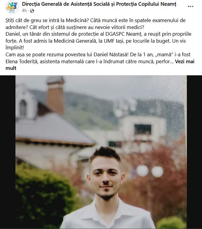 Daniel Năstasă este mândria DGASPC Neamț, după ce fost admis la Medicină, loc la buget