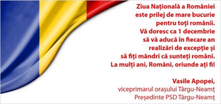 Vasile Apopei, viceprimarul orașului Târgu Neamț transmite urări de Ziua Națională a României