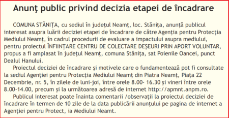 Anunț evaluare impact asupra mediului comuna Stănița
