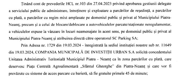 Propunere: 45 de minute gratuitate la parcare pentru clienții Pieței centrale din Piatra Neamț