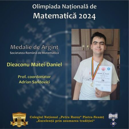 Medalia de argint acordată de Societatea Română de Matematică unui elev de la CN Petru Rareș