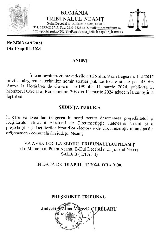 Anunț sedință publică &#8211; tragere la sorți pentru desemnarea președintelui și locțiitorului Biroului Electoral de Circumscripție Județeana Neamț