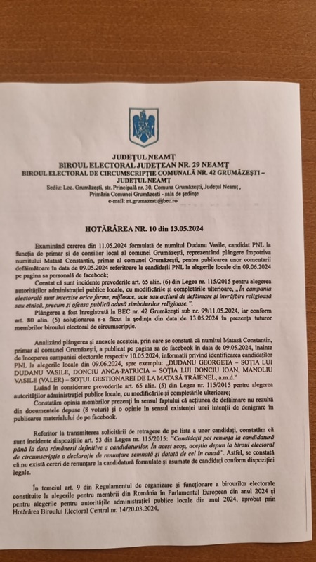Hotărâre a Biroului electoral de circumscripție comunală nr. 42 Grumăzești – județul Neamț