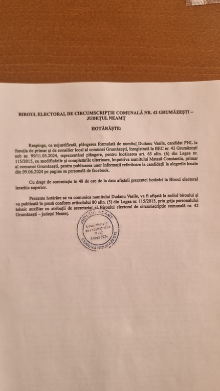 Hotărâre a Biroului electoral de circumscripție comunală nr. 42 Grumăzești – județul Neamț