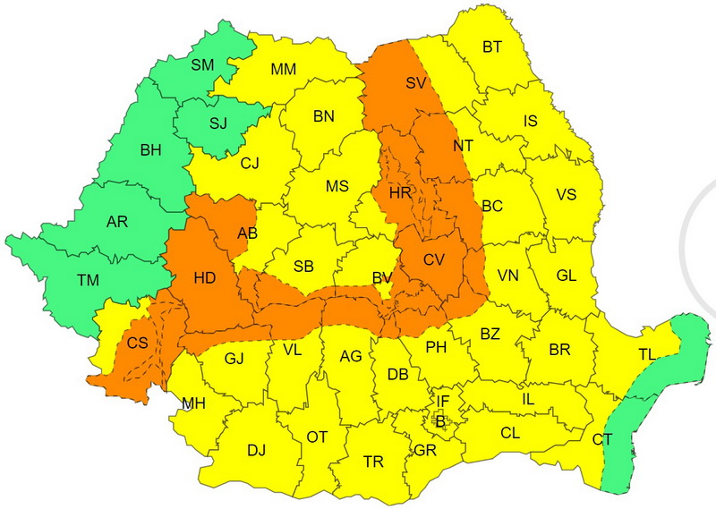 COD PORTOCALIU+COD GALBEN Instabilitate atmosferică, averse torențiale, vijelii