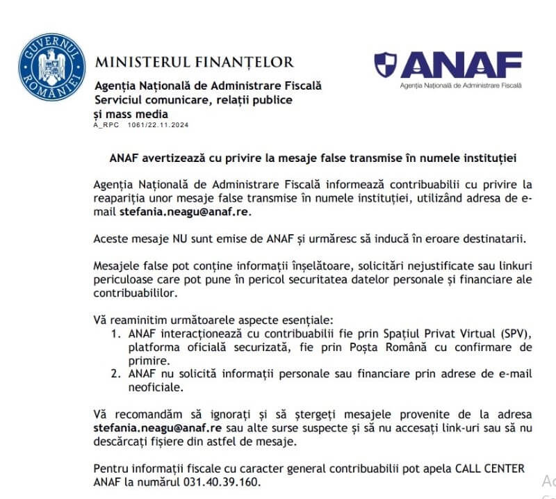 Comunicat ANAF - mesaje false