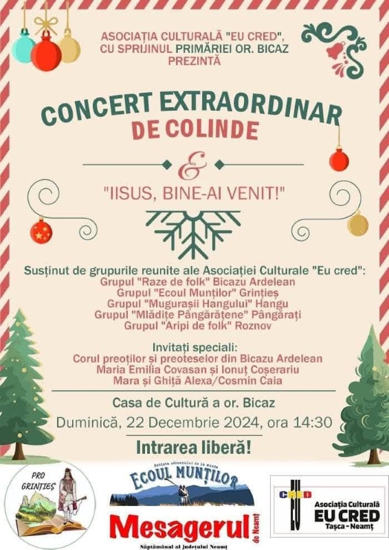 Concert extraordinar de colinde organizat de Asociația Culturală „Eu Cred”