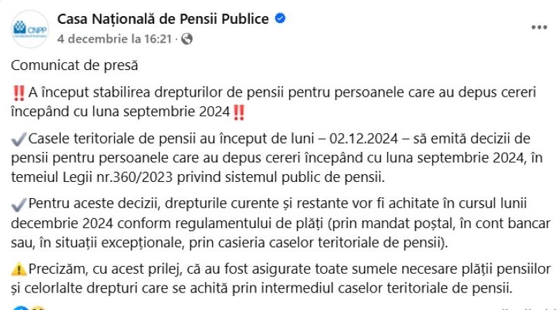 Se procesează dosarele de pensie depuse din septembrie: plățile se fac până la finalul anului