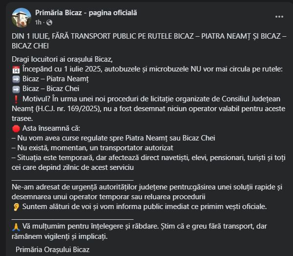 De la 1 iulie nu mai circulă autobuze de la Bicaz către Piatra-Neamț și Bicaz Chei. Impas pentru navetiști