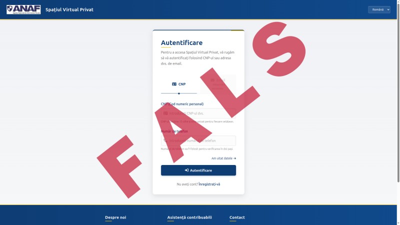 Site fals care imită identitatea ANAF - tentativă de phishing