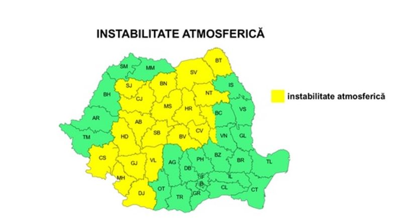ANM anunță cod galben de instabilitate atmosferică în Neamț