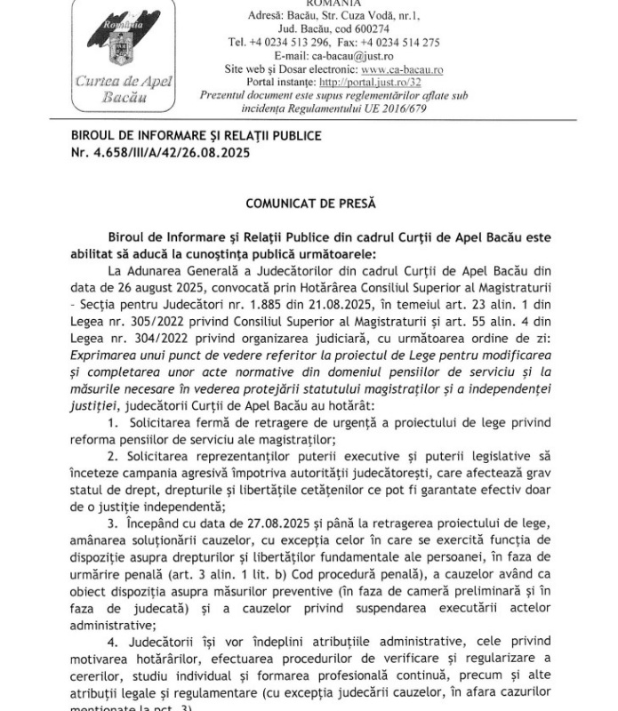 Magistrații protestează față de măsurile anunțate de Guvernul Bolojan. Mai multe instanțe și unități de parchet anunță suspendarea activității 2 bacau