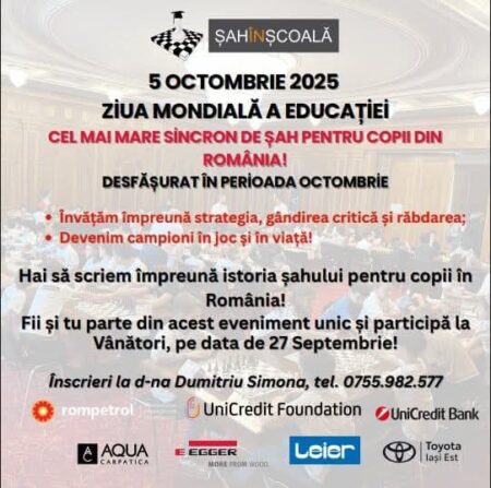 Ziua Mondială a Educației va fi marcată la Vânători-Neamț printr-o competiție de șah Ziua Mondială a Educației va fi marcată la Vânători-Neamț printr-o competiție de șah