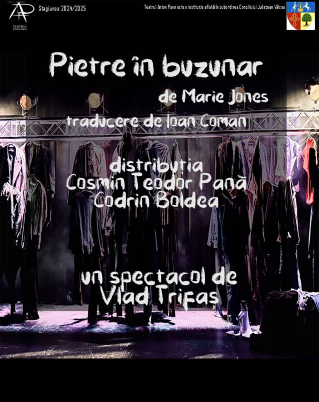 Teatrul „Anton Pann” Râmnicu Vâlcea aduce spectacolul „Pietre în buzunar” la Festivalul de Teatru Piatra Neamț – Ediția 36  Două reprezentații: 2 noiembrie la Târgu Neamț și 4 noiembrie la Piatra Neamț 00 afis pietre varianta xx 813x1024 1