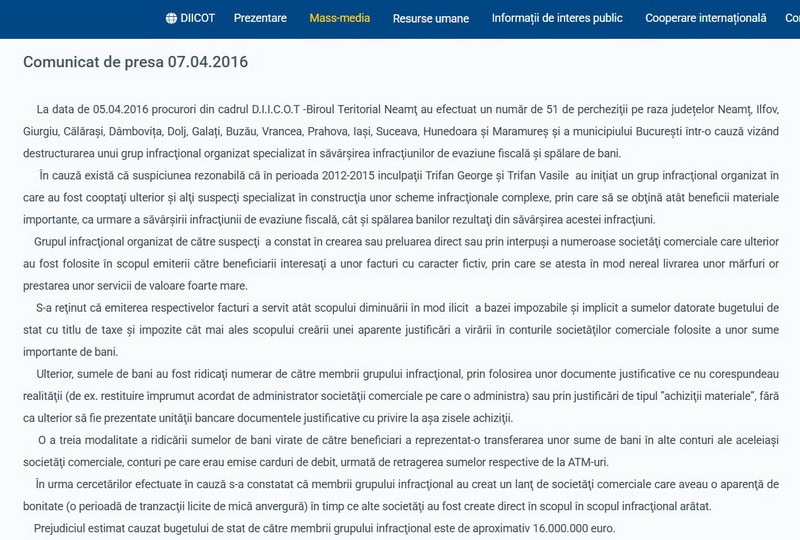 diicot comunicat aprilie 2016 resize - A zecea amânare de pronunțare în dosarul evaziunii fiscale de 16 milioane de euro