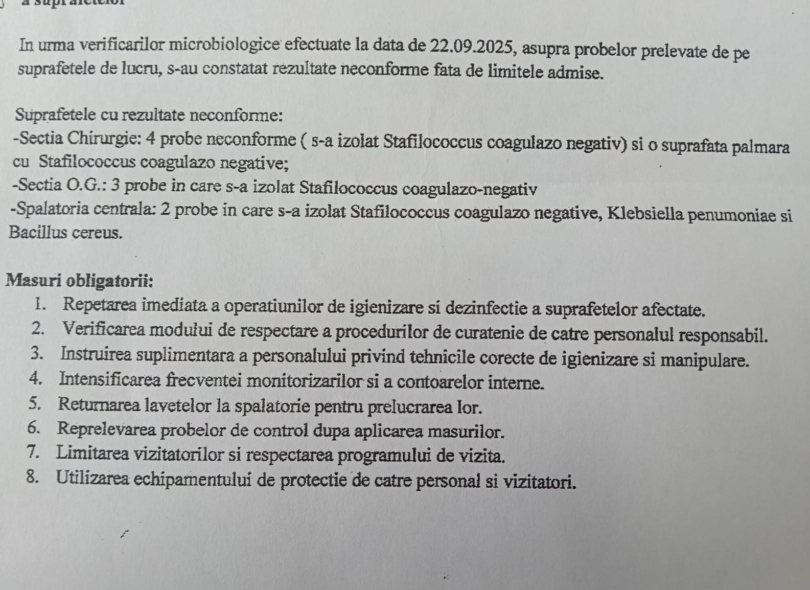 Spitalul Târgu-Neamț: Stafilococcus , Klebsiella și Bacillus în probe prelevate pe 22 septembrie 2 situatie infestari targ
