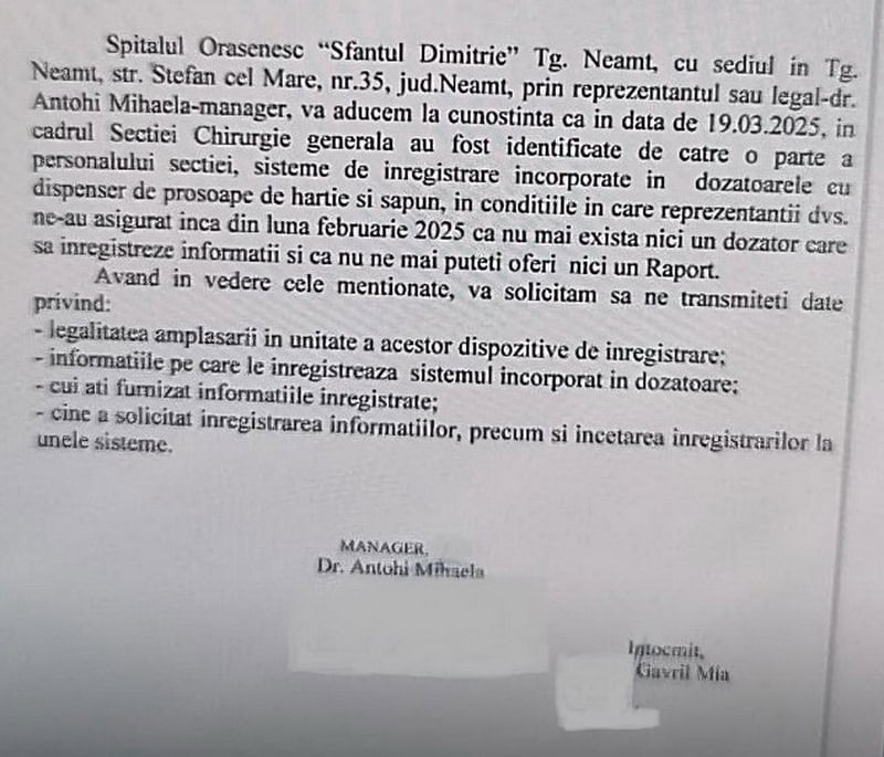 tg spital video in dispenser - De toate pentru toți, din Neamț / Cazul spionilor din dispenserele de hârtie și săpun de la Târgu-Neamț