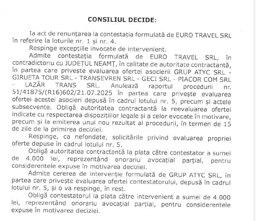 Licitație cu semne de întrebare la transportul public din Neamț 2 deciie cnsc 2