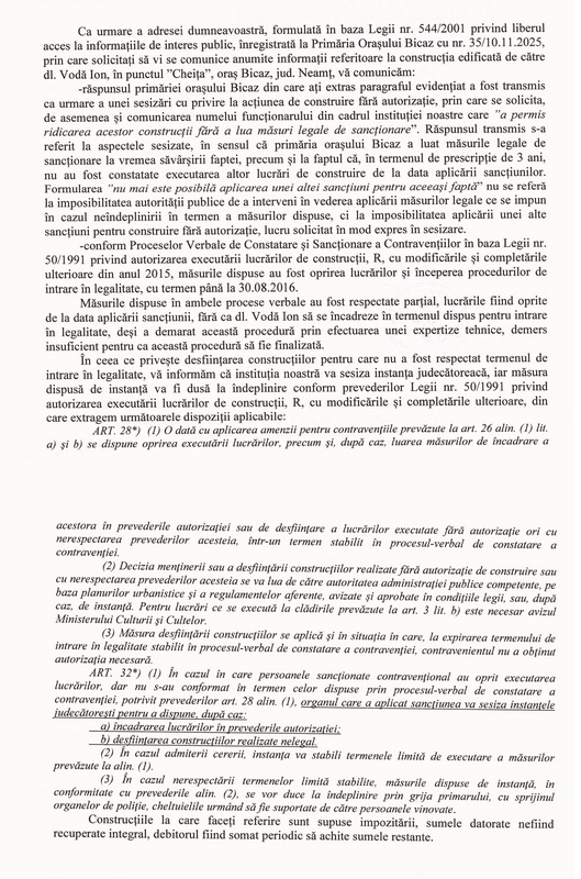 Nouă ani de protecție pentru o construcție nelegală la Bicaz / Primăria știe, nu acționează și ascunde cifrele 6 ioan voda raspuns solicitare lg 544