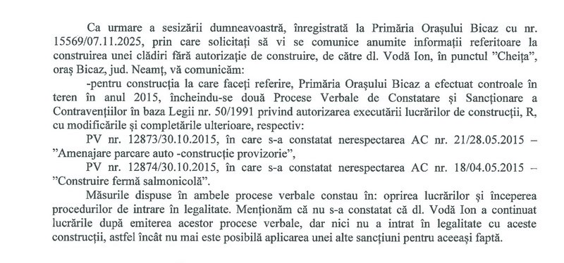 Nouă ani de protecție pentru o construcție nelegală la Bicaz / Primăria știe, nu acționează și ascunde cifrele