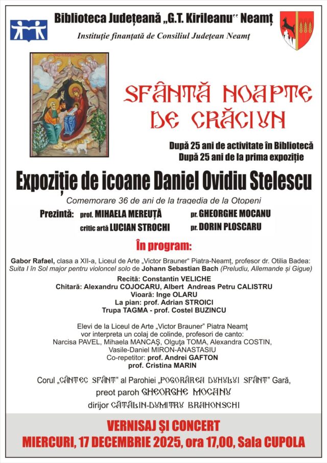 Sfântă noapte de Crăciun” – expoziție de icoane Daniel Ovidiu Stelescu și concert la Biblioteca Județeană 1 Afis DS 1068x1511 1