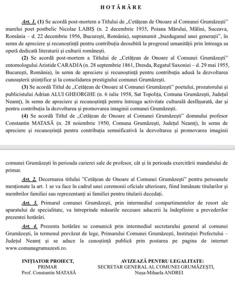 Grumăzești: Fiul îți onorează tatăl și îl face cetățean de onoare. Împreună cu fostul primar sunt onorați și Nicolae Labiș, Adrian Alui Gheorghe, Aristide Caradja