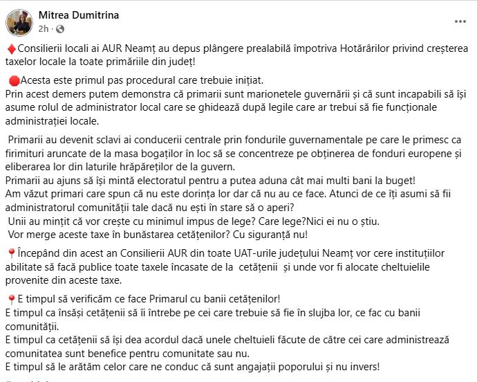 Consilierii AUR Neamț contestă majorarea taxelor locale. Plângeri prealabile depuse la toate primăriile din județ 1 MITREA