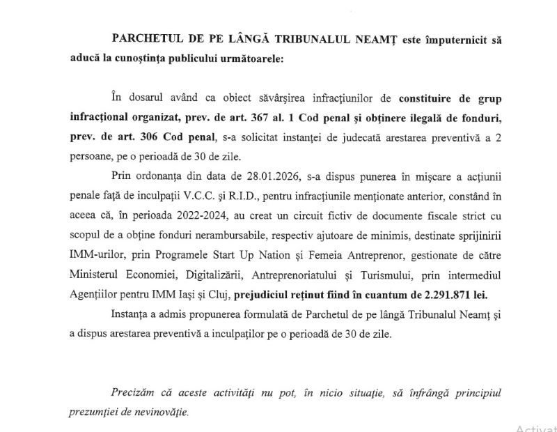 Știre actualizată. VIDEO. Percheziții în Neamț și alte 4 județe într-un dosar de obținere ilegală de fonduri publice. Prejudiciu de peste 2 milioane de lei 1 WhatsApp Image 2026 01 29 at 12.56.39